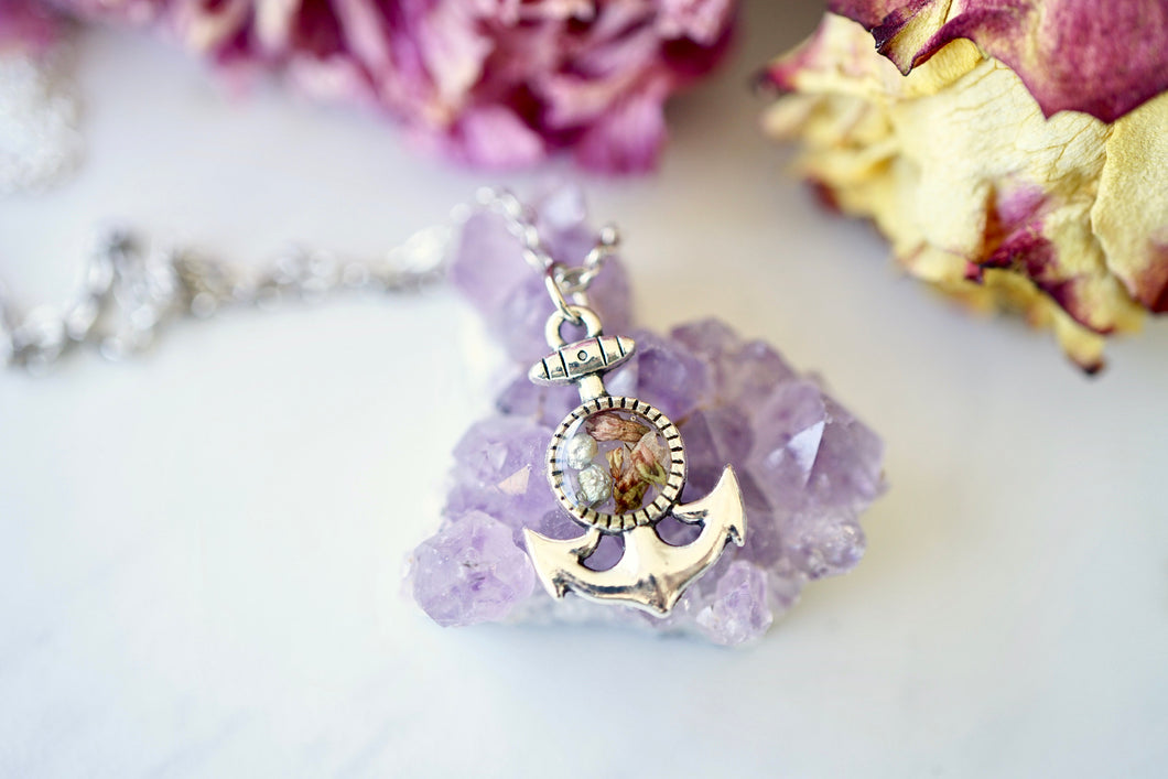 Real Pressed Flowers in Resin, Silver Anchor Necklace with Heather Flowers