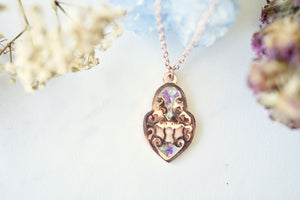 Real Pressed Flowers in Resin, Rose Gold Necklace in Mint and Purple