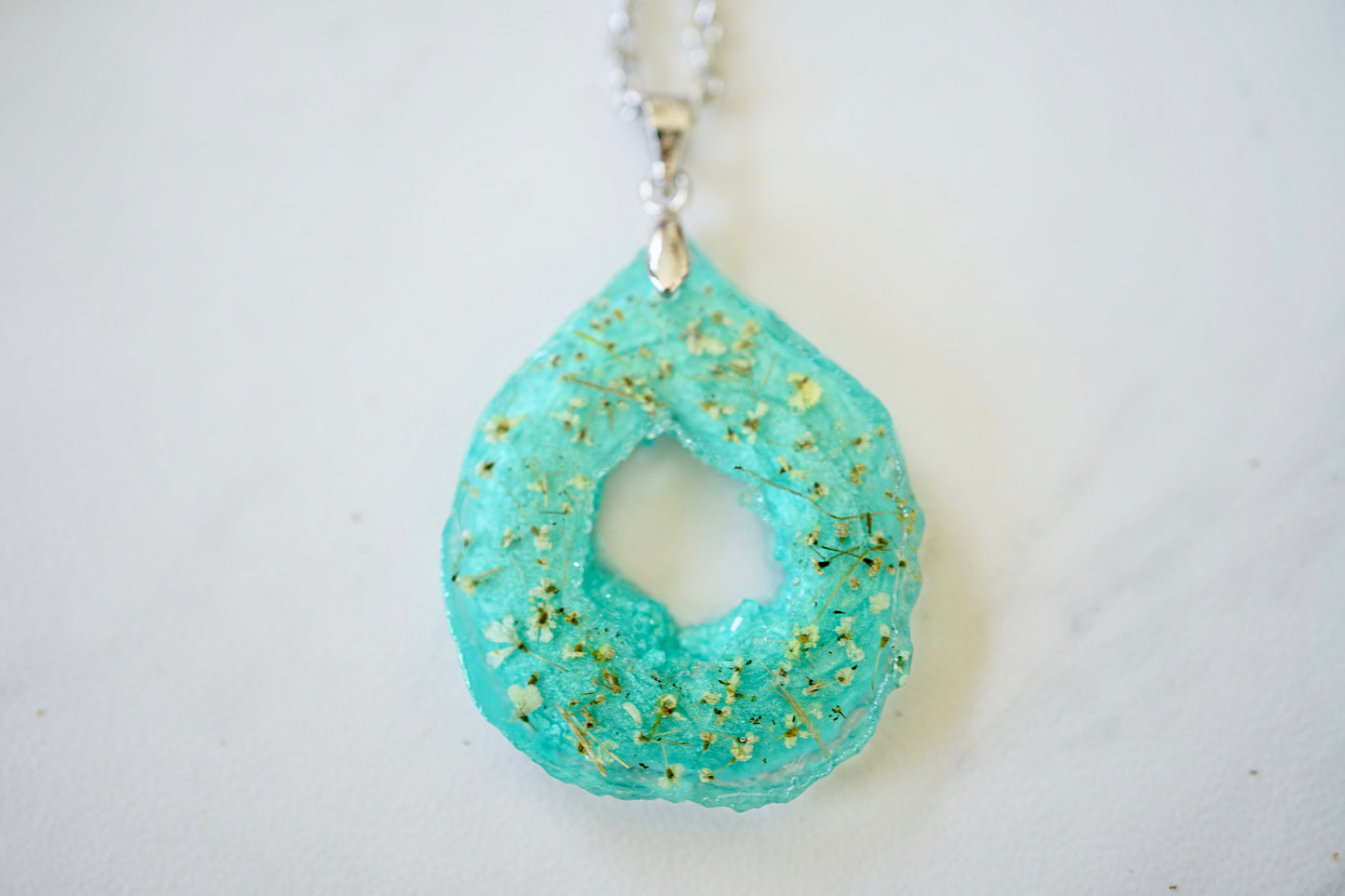 Real Pressed Flowers in Resin, Teal Geode Necklace with Yellow Flowers