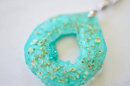 Real Pressed Flowers in Resin, Teal Geode Necklace with Yellow Flowers