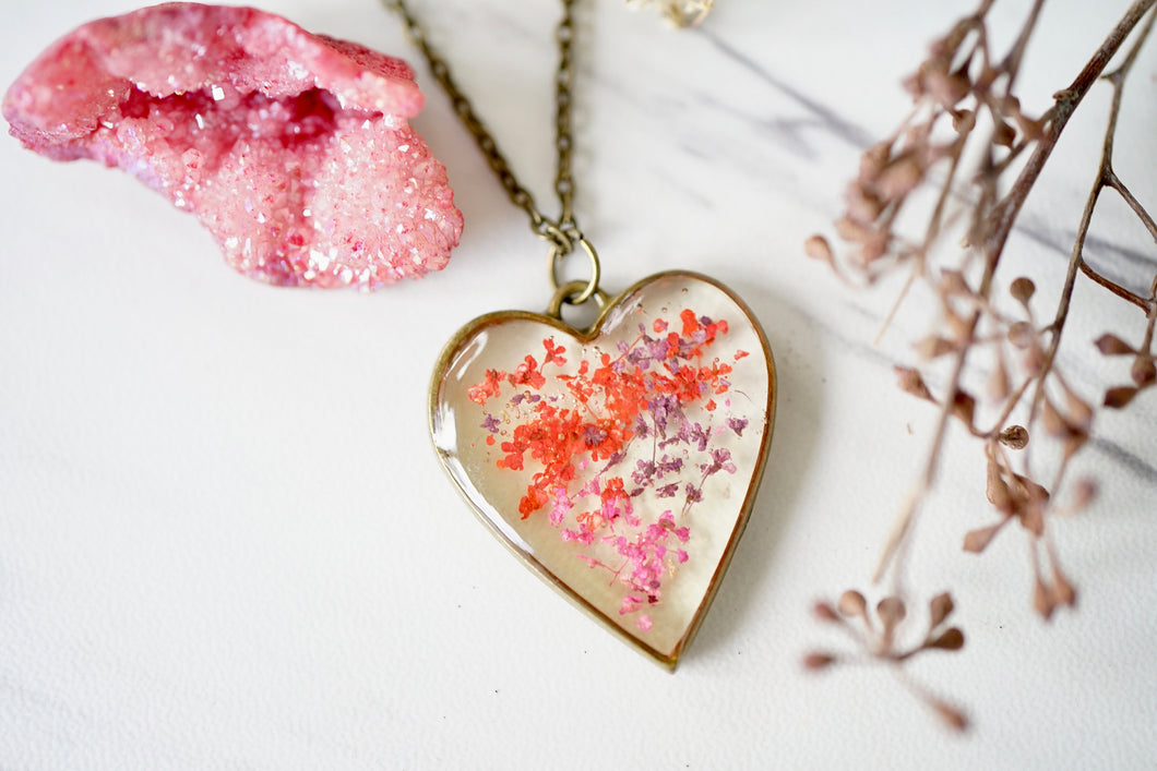 Real Pressed Flowers in Resin, Bronze Heart Necklace in Purple Pink Red