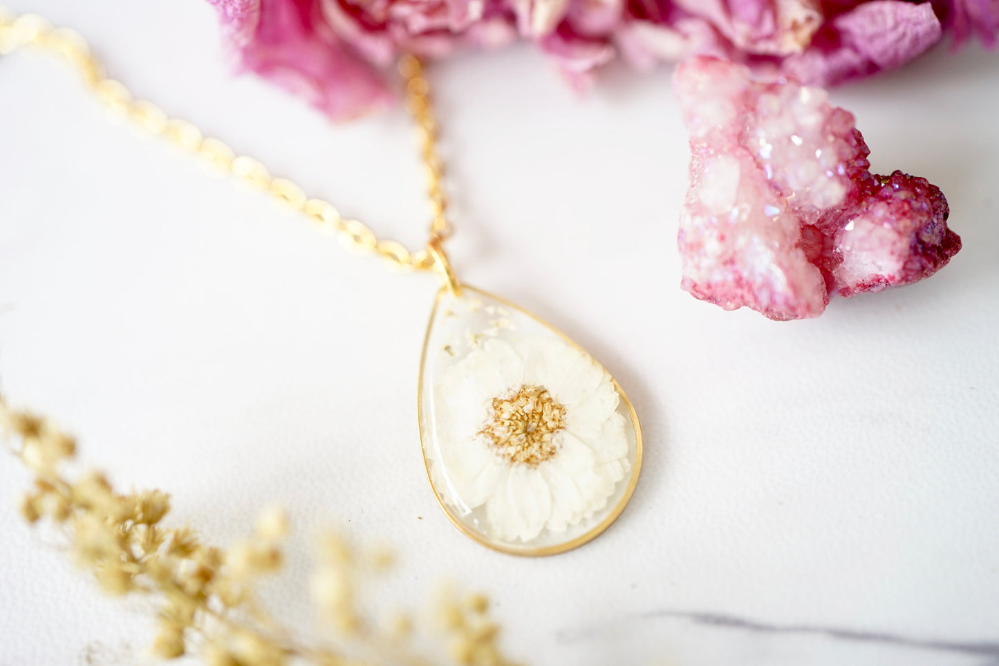 Real Pressed Flowers in Resin, Gold Teardrop Necklace in White