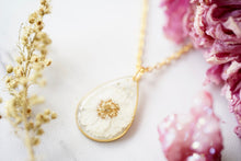 Real Pressed Flowers in Resin, Gold Teardrop Necklace in White