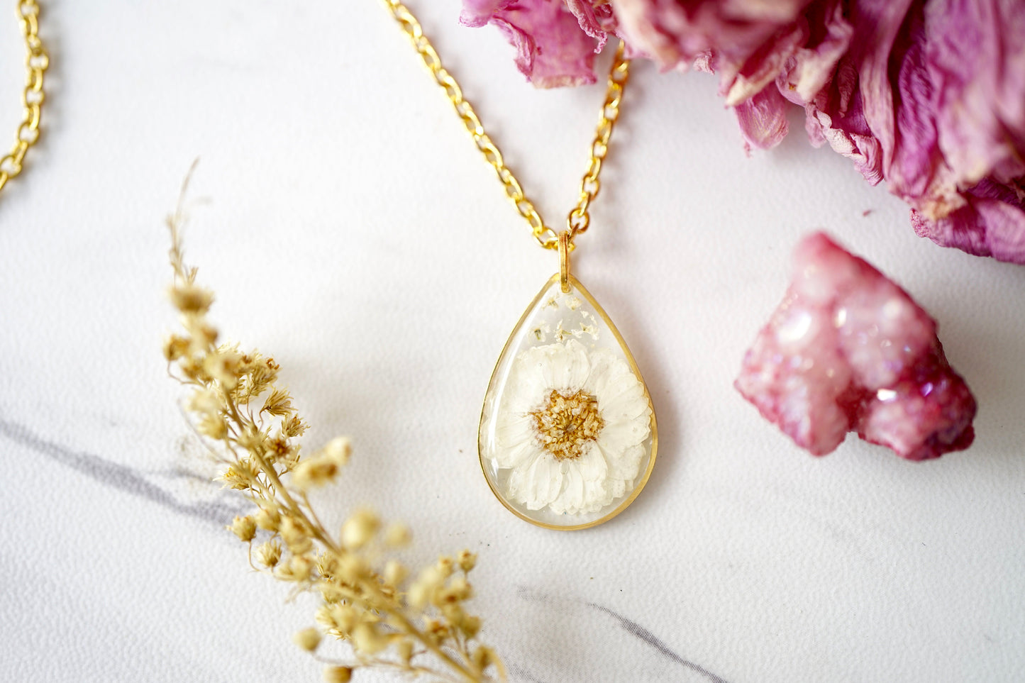 Real Pressed Flowers in Resin, Gold Teardrop Necklace in White