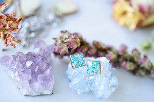 Real Pressed Flowers and Resin, Square Stud Earrings in Mint and Teal