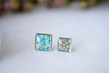 Real Pressed Flowers and Resin, Square Stud Earrings in Mint and Teal