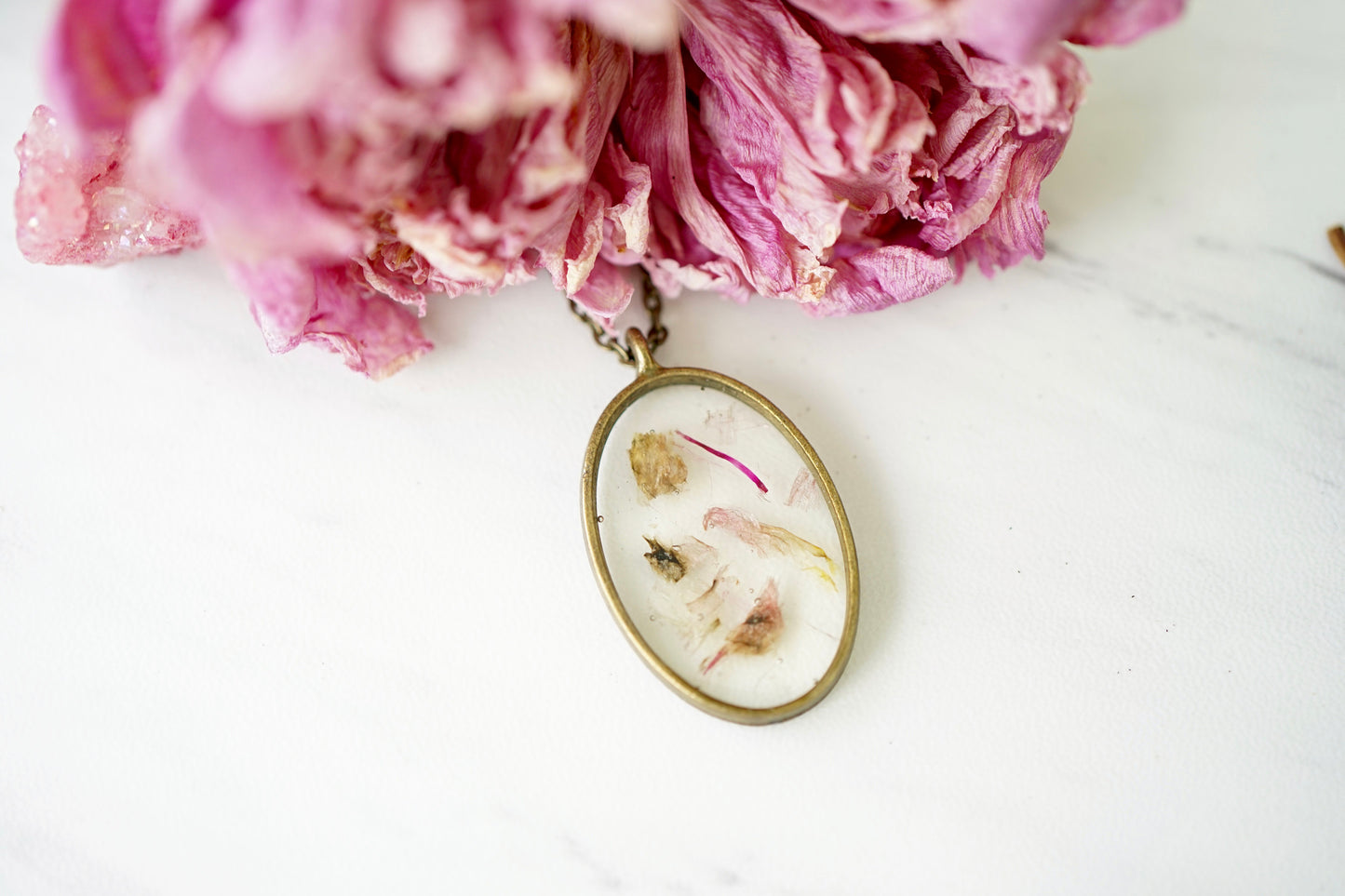 Real Pressed Flowers in Resin, Bronze Oval Necklace in Mix