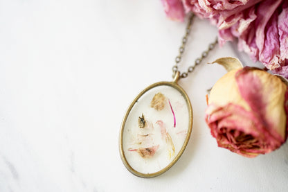 Real Pressed Flowers in Resin, Bronze Oval Necklace in Mix