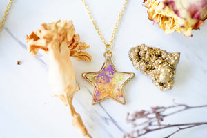Real Pressed Flowers in Resin, Gold Star Necklace in Purple Orange Yellow