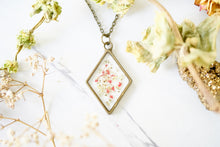 Real Pressed Flowers in Resin, Bronze Diamond Necklace in Red and Yellow