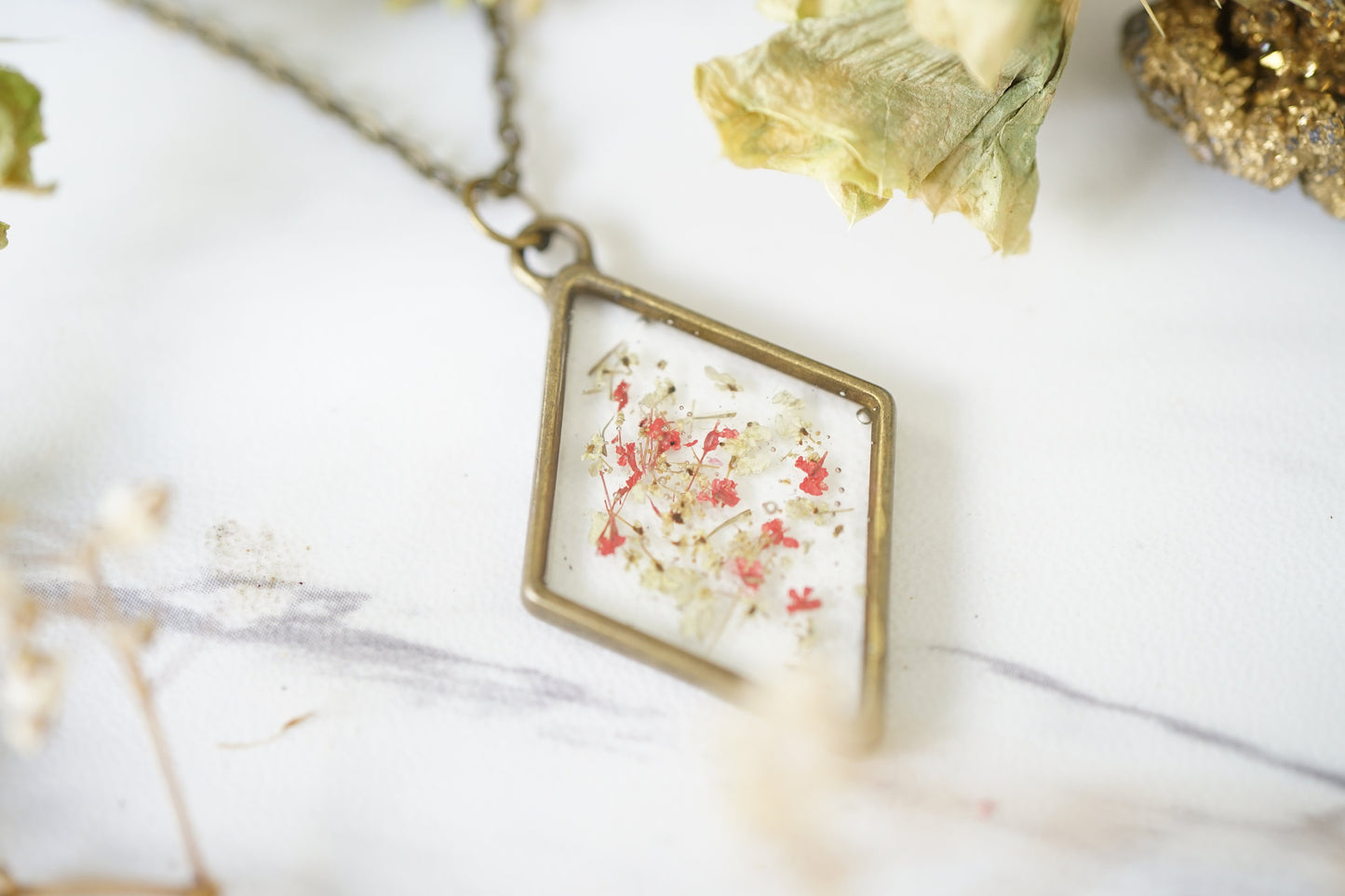 Real Pressed Flowers in Resin, Bronze Diamond Necklace in Red and Yellow