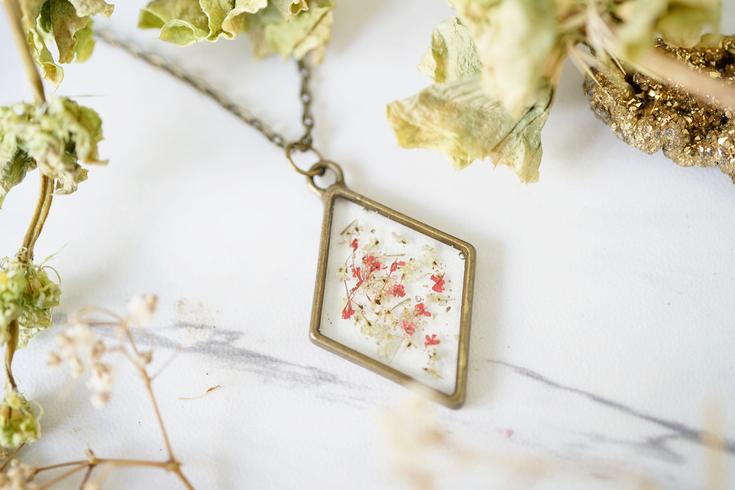 Real Pressed Flowers in Resin, Bronze Diamond Necklace in Red and Yellow