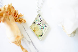 Real Pressed Flowers in Resin, Silver Diamond Necklace with Glass Glitter