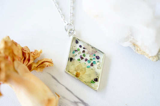 Real Pressed Flowers in Resin, Silver Diamond Necklace with Glass Glitter