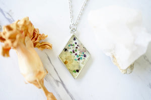 Real Pressed Flowers in Resin, Silver Diamond Necklace with Glass Glitter