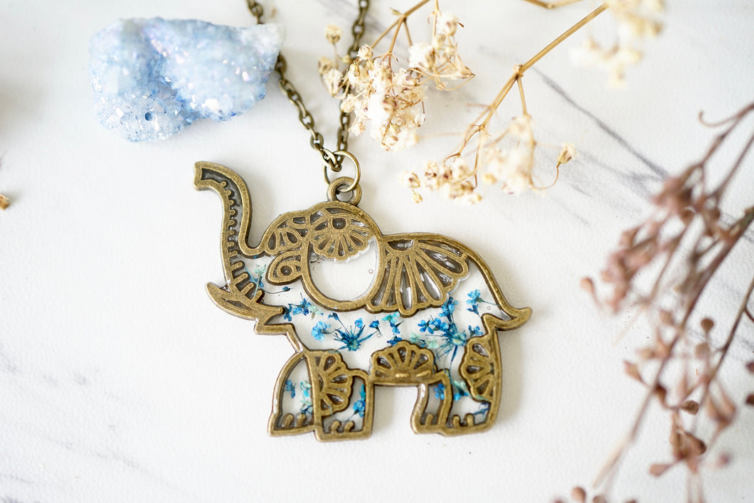 Real Pressed Flowers in Resin, Bronze Elephant Necklace