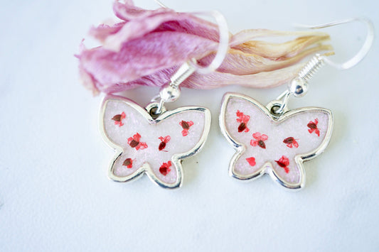 Real Pressed Flowers Earrings, Silver Butterfly Drops in Red