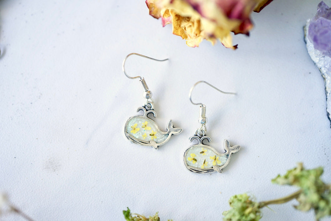 Real Pressed Flowers Earrings, Silver Whale Drops in Yellow