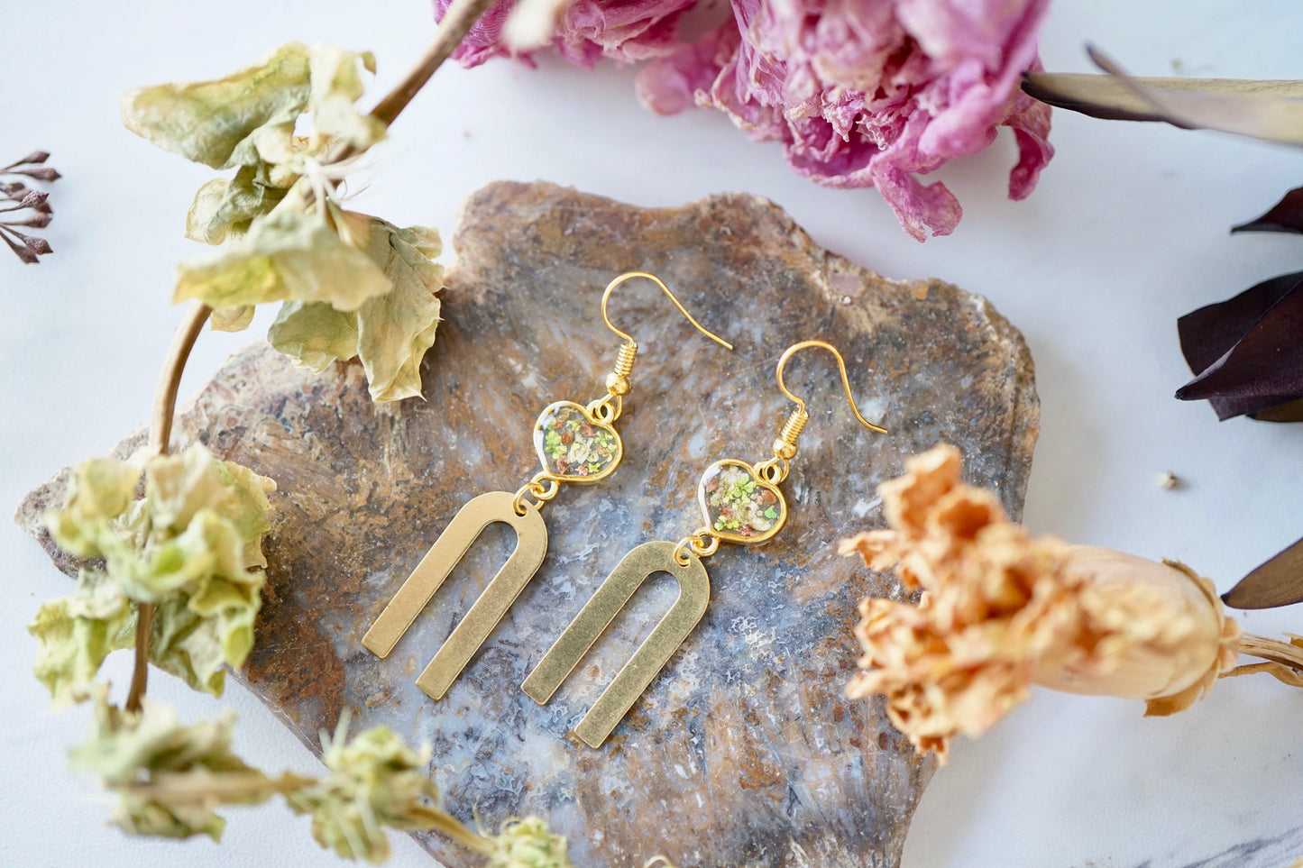 Real Pressed Flowers Earrings, Gold Rainbow Drops with Hearts