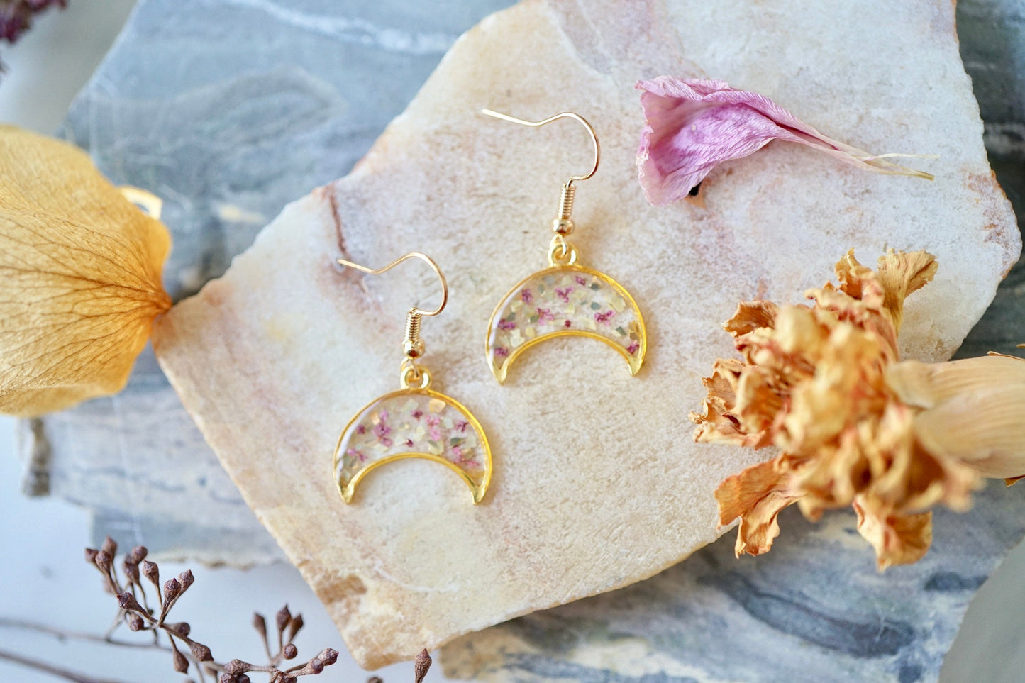 Real Pressed Flowers Earrings, Gold Moon Drops in Pink with Glass Glitter