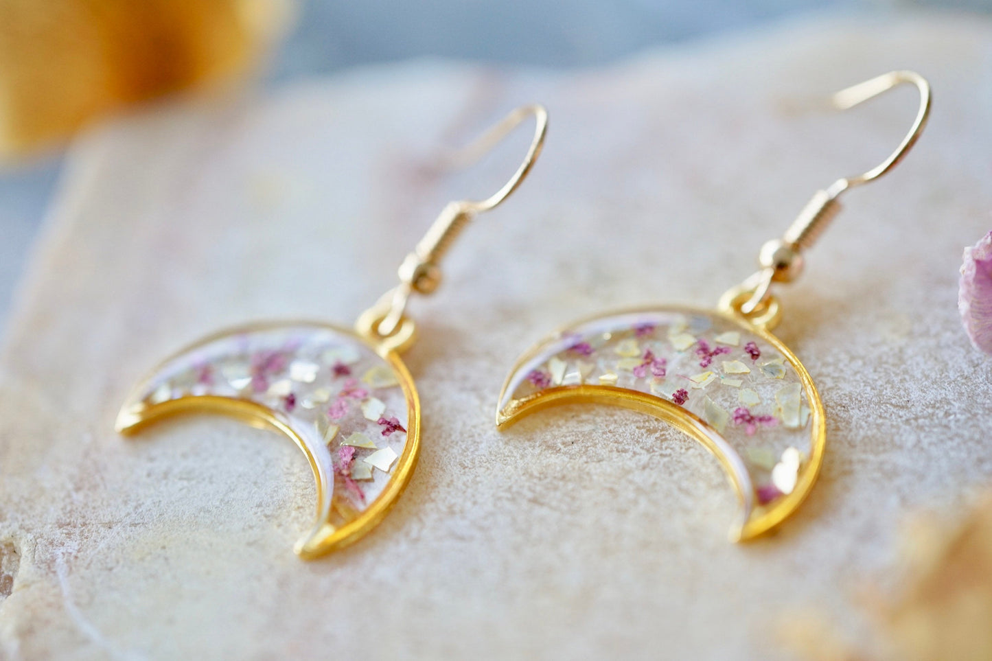 Real Pressed Flowers Earrings, Gold Moon Drops in Pink with Glass Glitter