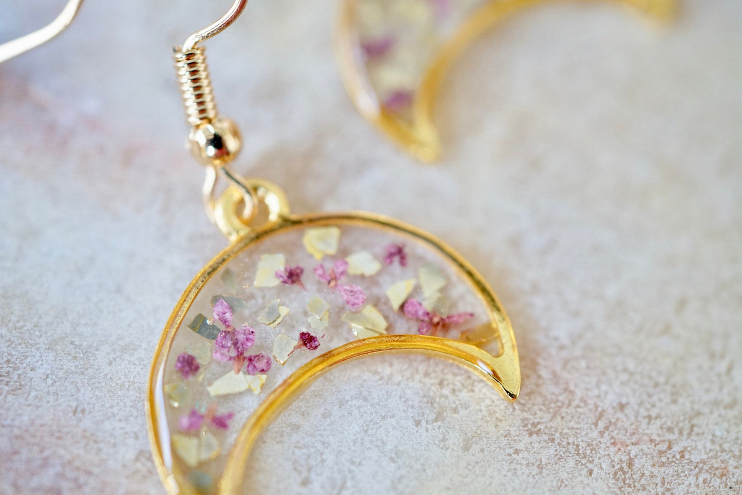 Real Pressed Flowers Earrings, Gold Moon Drops in Pink with Glass Glitter