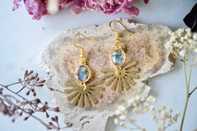 Real Pressed Flowers Earrings, Gold Sun Beam Drops with Forget Me Nots