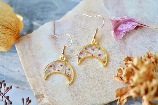 Real Pressed Flowers Earrings, Gold Moon Drops in Pink with Glass Glitter