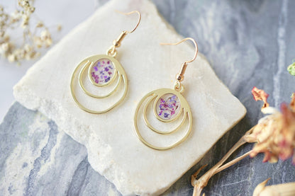 Real Pressed Flowers Earrings, Gold Drops in Purples