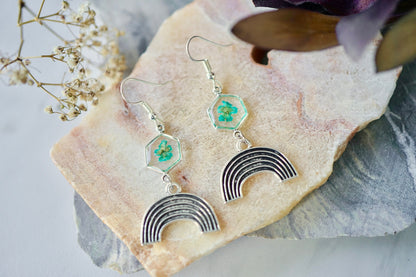 Real Pressed Flowers Earrings, Silver Rainbow Drops in Teal