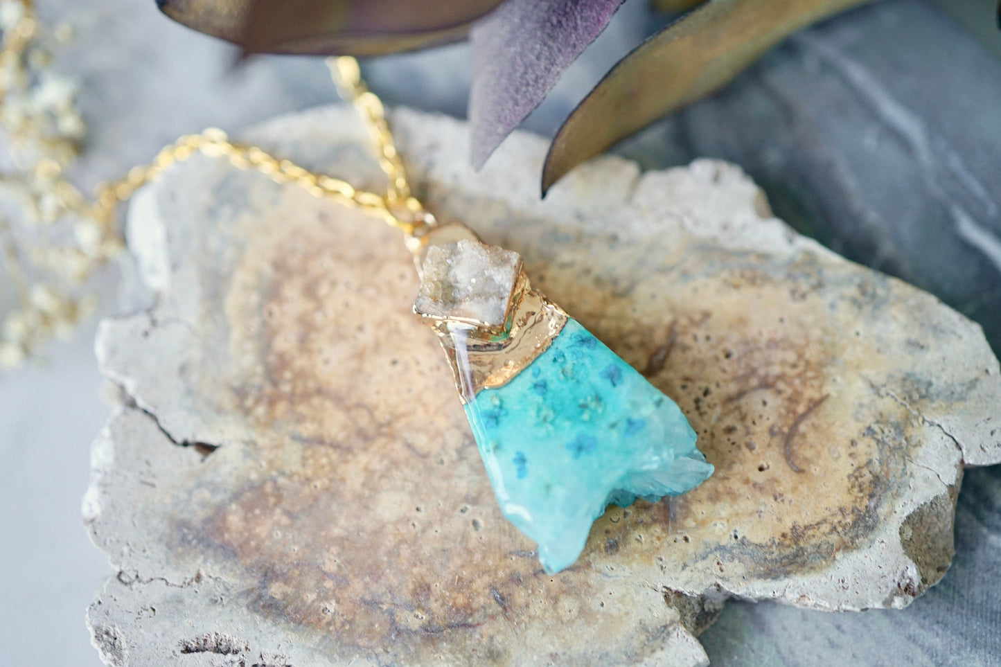 Real Pressed Flowers in Resin, Gold Druzy Geode Necklace in Teal and Mint