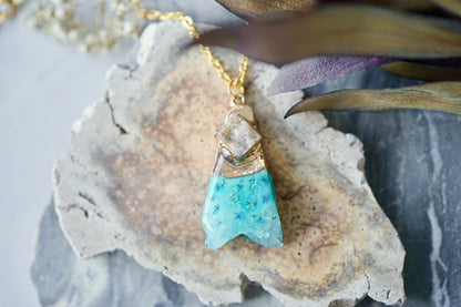 Real Pressed Flowers in Resin, Gold Druzy Geode Necklace in Teal and Mint