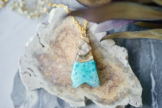 Real Pressed Flowers in Resin, Gold Druzy Geode Necklace in Teal and Mint