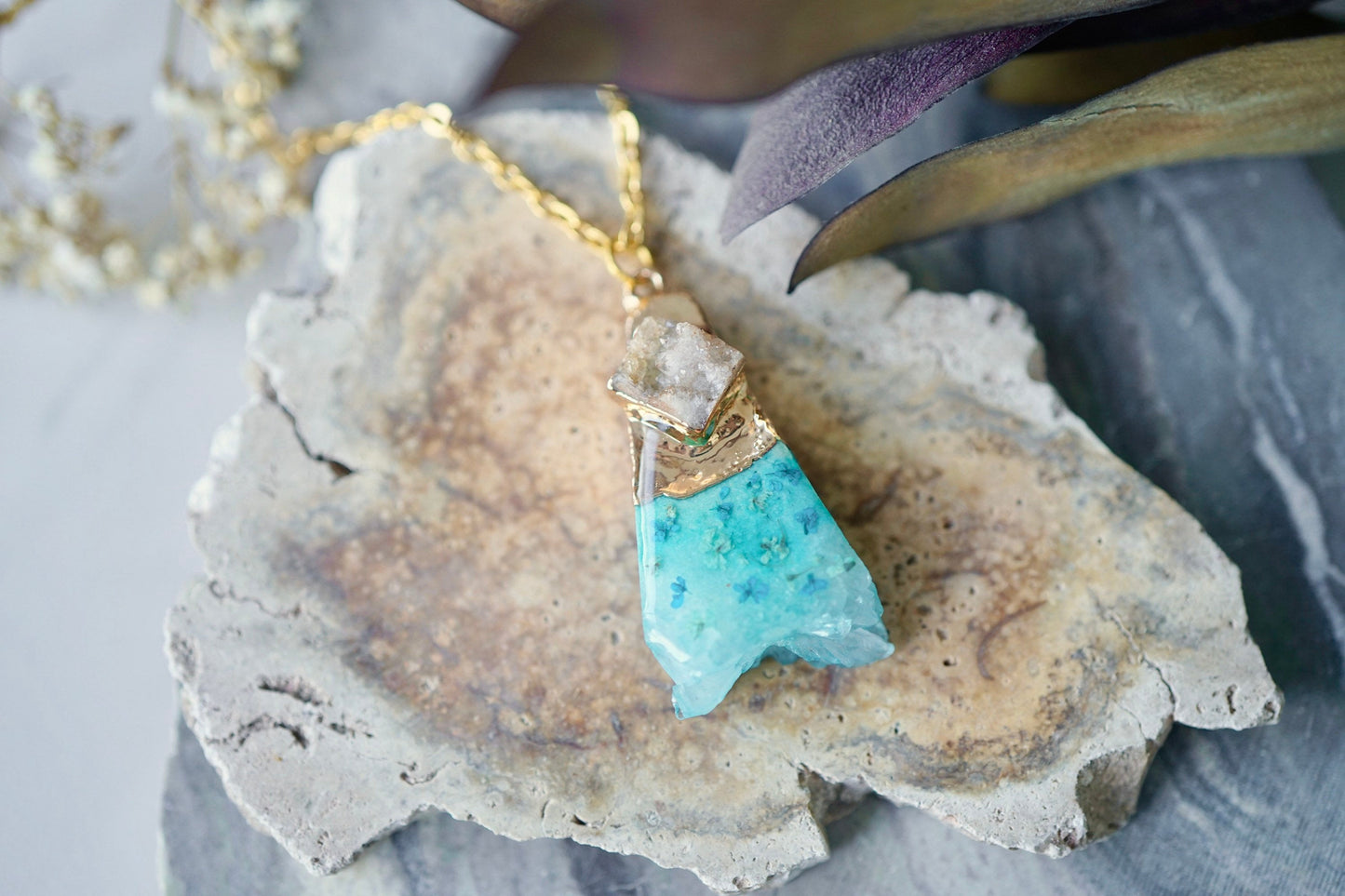 Real Pressed Flowers in Resin, Gold Druzy Geode Necklace in Teal and Mint