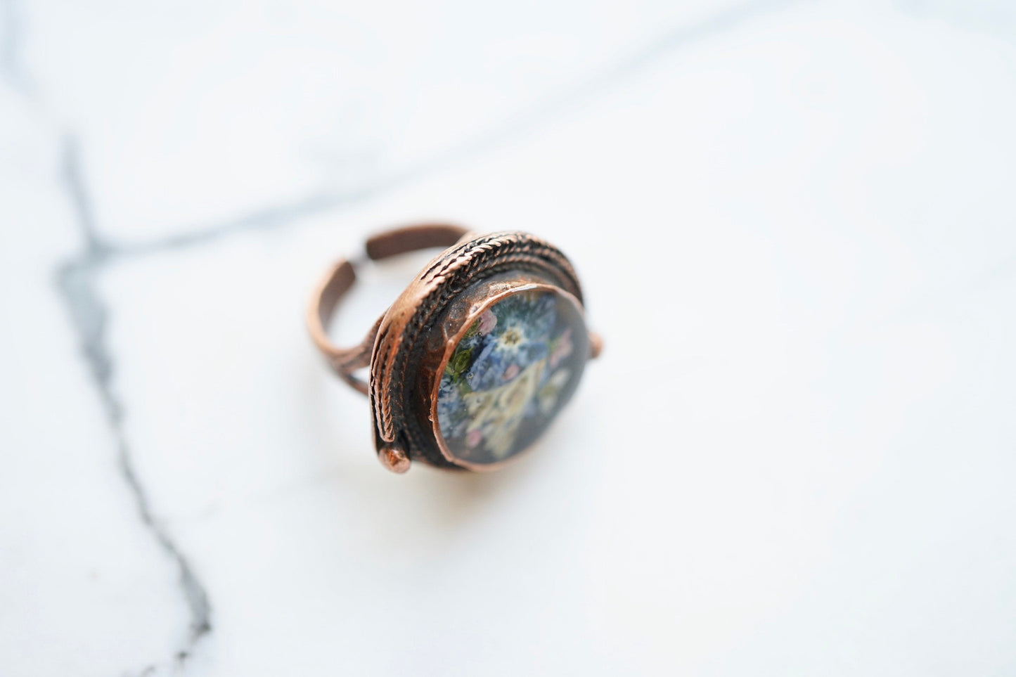 Real Pressed Flower and Resin Ring, Copper and Mixed Flowers