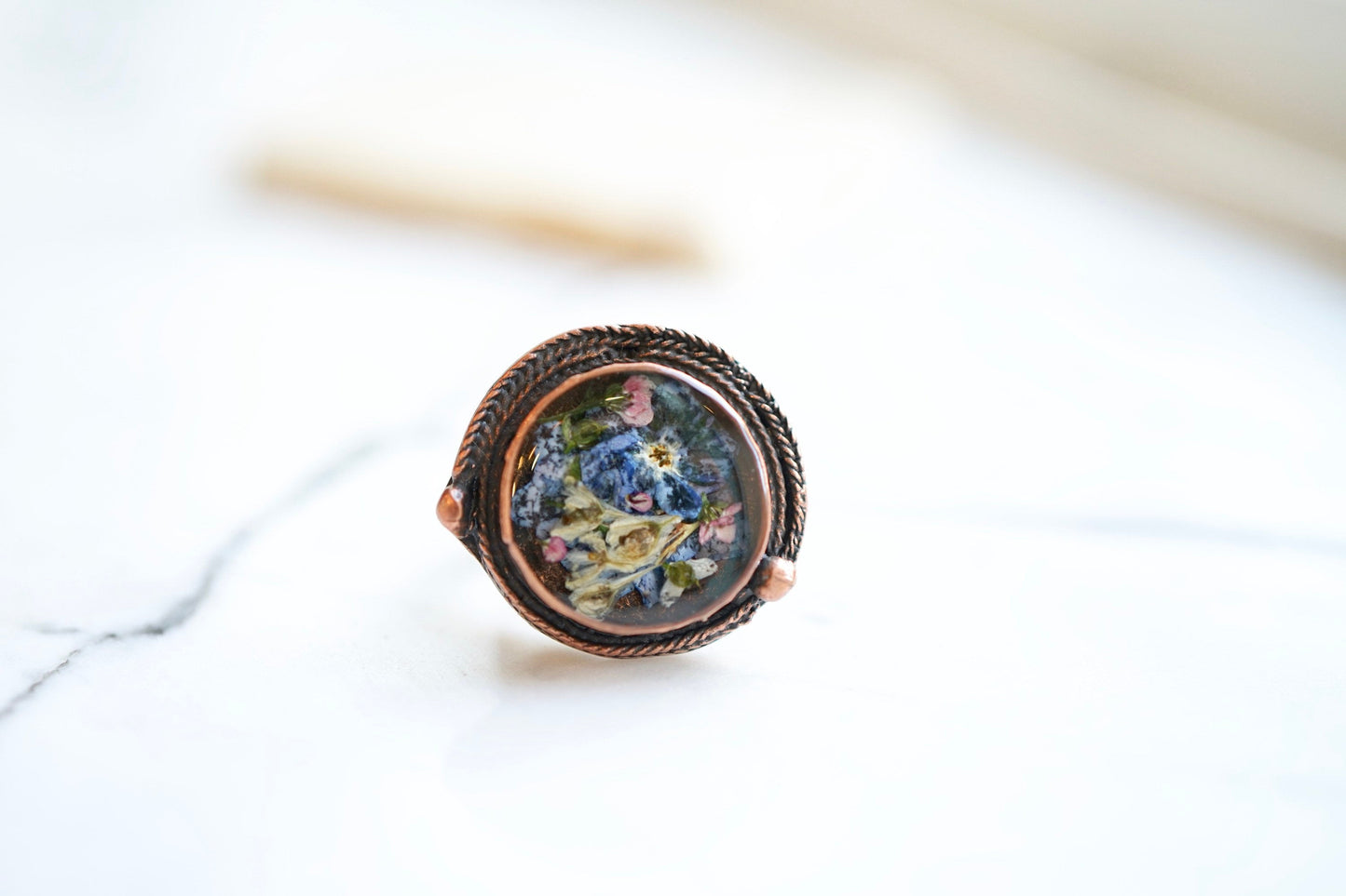 Real Pressed Flower and Resin Ring, Copper and Mixed Flowers