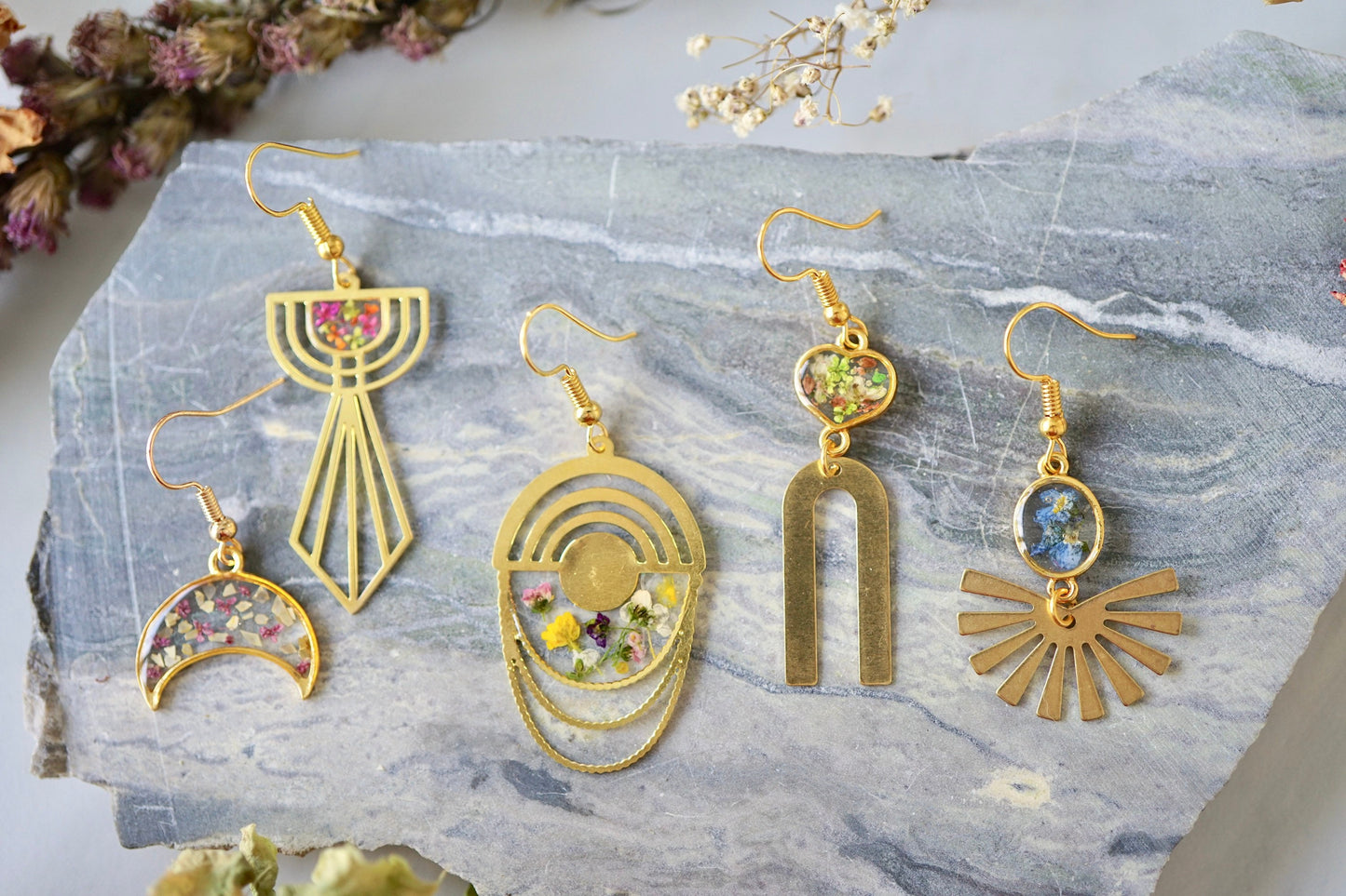 Real Pressed Flowers Earrings, Gold Drop Earrings with Pink Fern