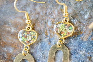 Real Pressed Flowers Earrings, Gold Rainbow Drops with Hearts