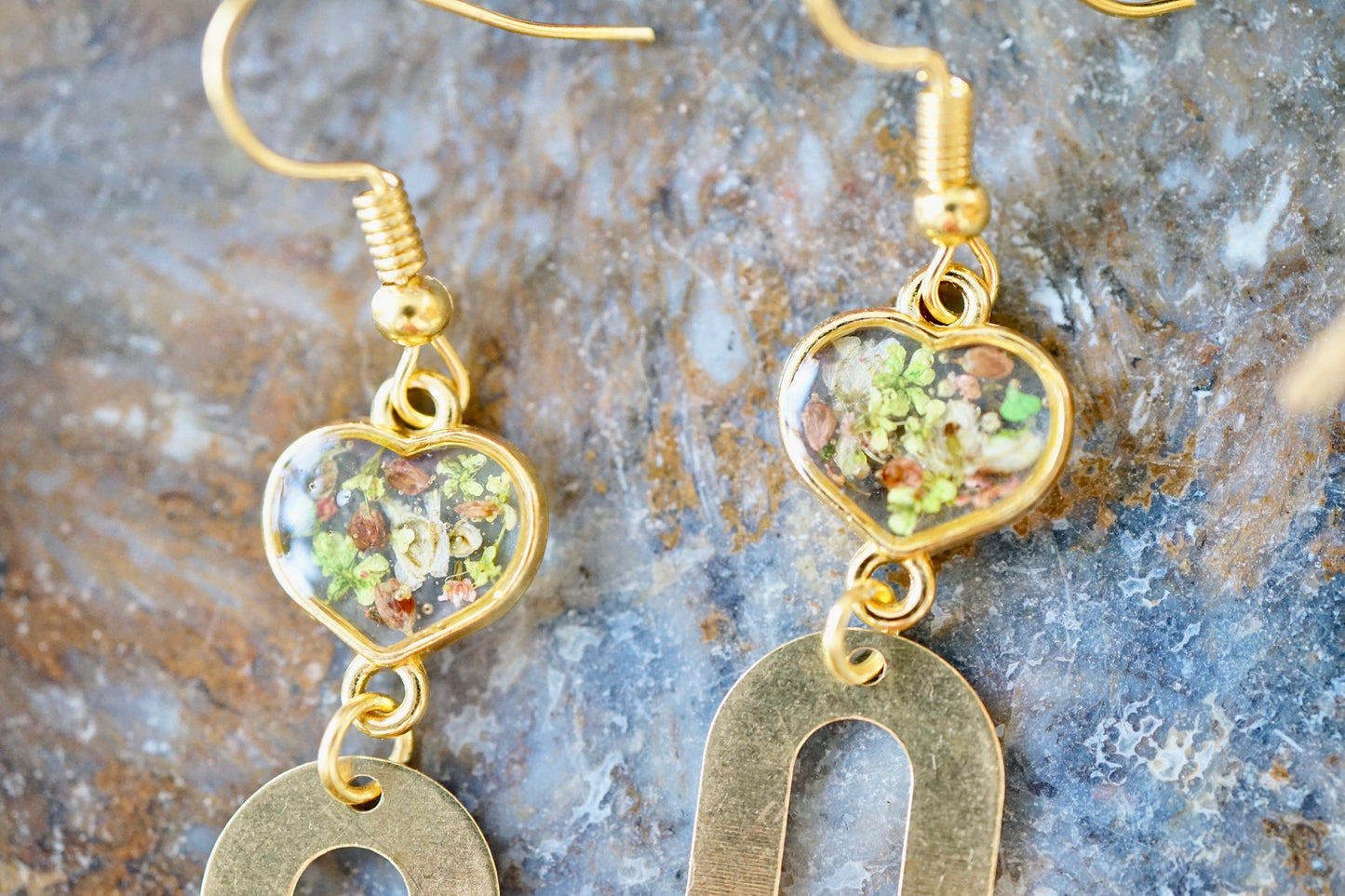 Real Pressed Flowers Earrings, Gold Rainbow Drops with Hearts