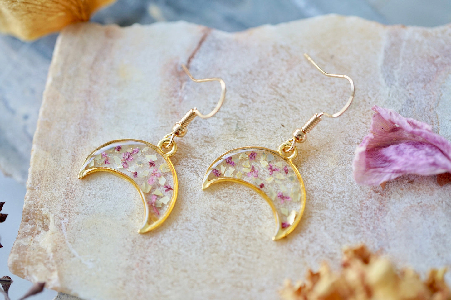 Real Pressed Flowers Earrings, Gold Moon Drops in Pink with Glass Glitter