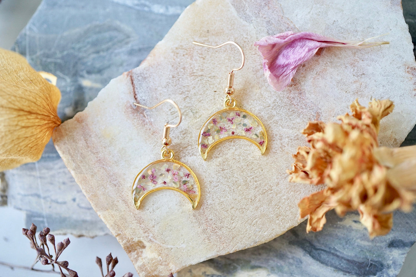Real Pressed Flowers Earrings, Gold Moon Drops in Pink with Glass Glitter