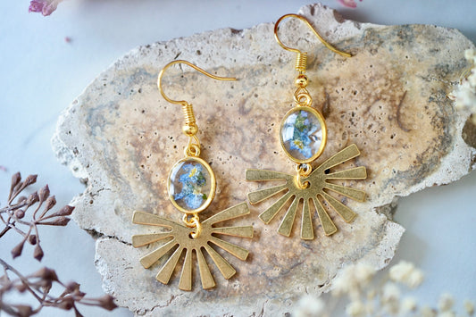 Real Pressed Flowers Earrings, Gold Sun Beam Drops with Forget Me Nots