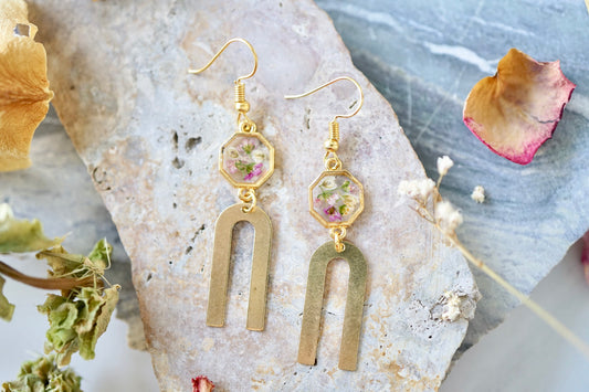 Real Pressed Flowers Earrings, Gold Rainbow Drops with Alyssum