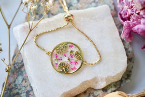 Real Pressed Flowers and Resin Adjustable Bracelet, Gold Palm Tree Leaves in Pink
