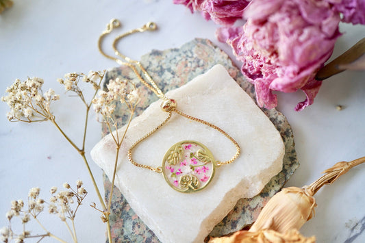 Real Pressed Flowers and Resin Adjustable Bracelet, Gold Palm Tree Leaves in Pink