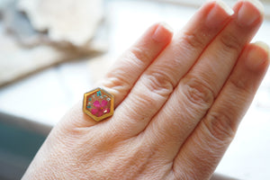 Real Pressed Flower and Resin Ring, Gold Hexagon in Teal and Pink