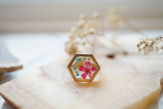 Real Pressed Flower and Resin Ring, Gold Hexagon in Teal and Pink