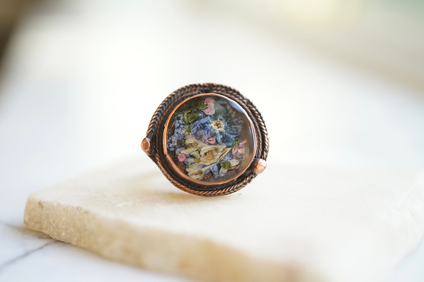 Real Pressed Flower and Resin Ring, Copper and Mixed Flowers