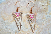 Real Pressed Flowers Earrings, Rose Gold Triangle Drops in Pink