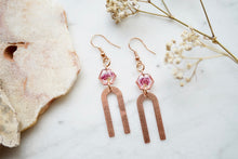 Real Pressed Flowers Earrings, Rose Gold Arch Drops with Pink Heathers
